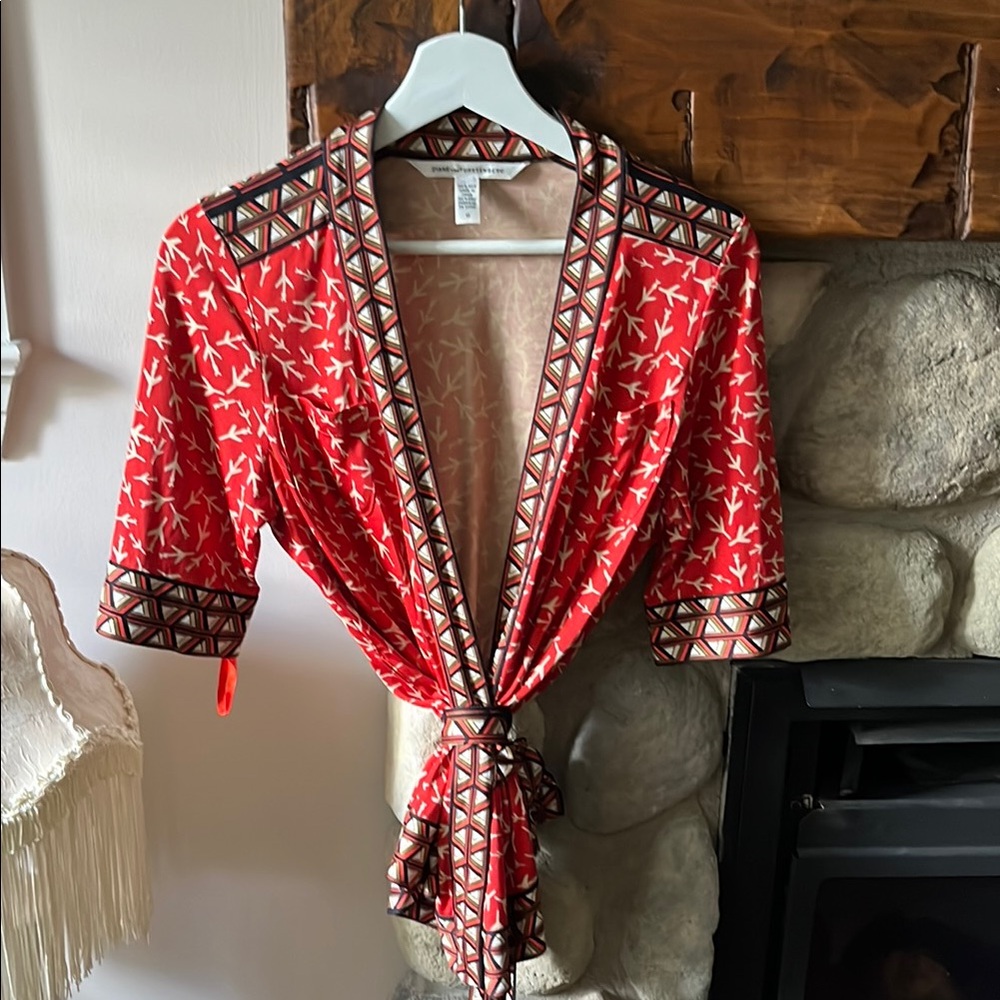 DVF Red Printed Wrap top silk with Geometric Trim